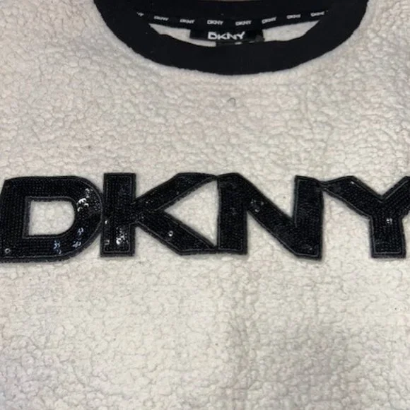 DKNY Spellout Womens Ivory Sequined Puffed Shoulders Long Sleeve Sweater M EUC - Picture 3 of 5